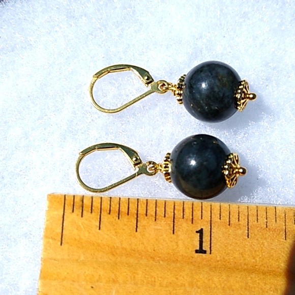 Jade of Yesteryear Charcoal Black Bead Drop Earrings Gold pl Sterling Silver hsn - Picture 2 of 5